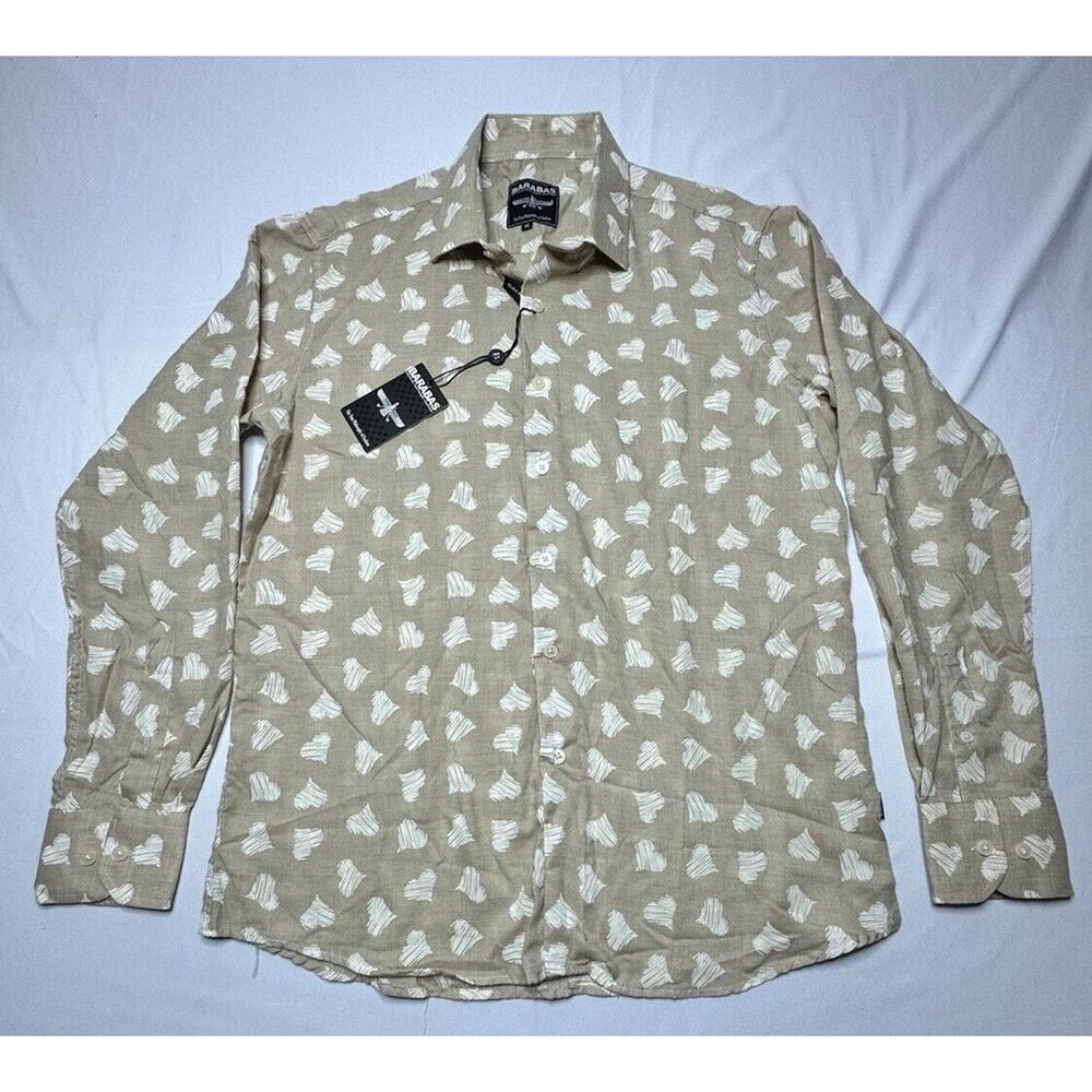 NWT Barabas Men's LS Tan White Heart Print Button Up Dress Shirt - Size L*